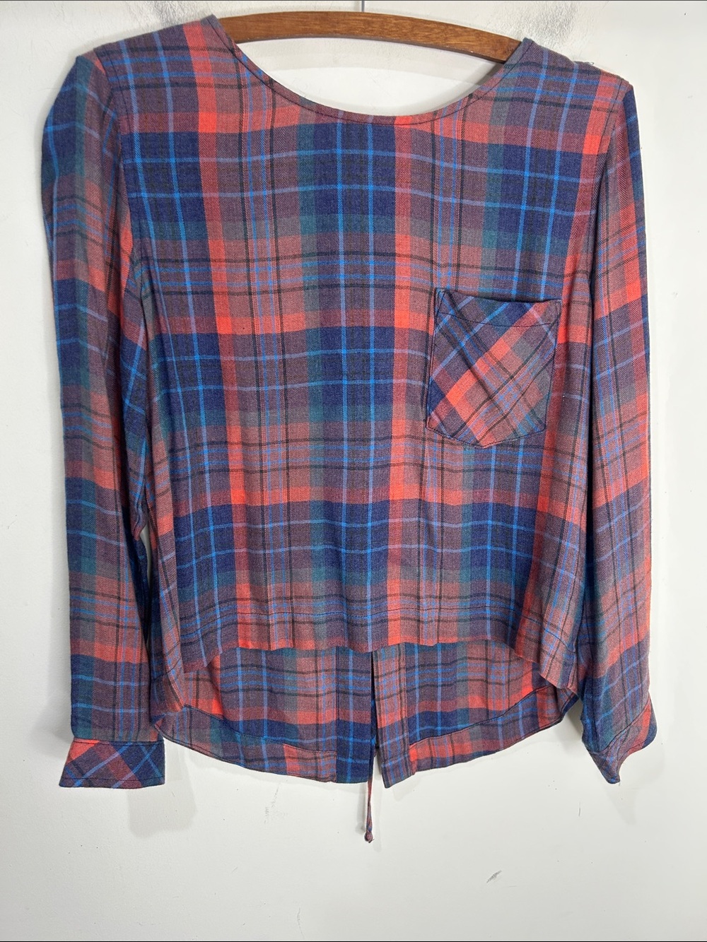 CLOTH & STONE Brushed Cotton Plaid Lace Back Long Sleeve Top Size Small